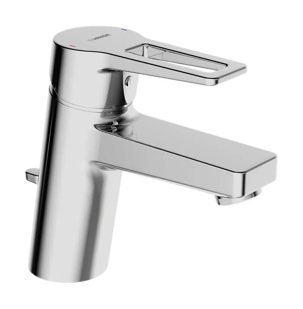 Einhebelmischer in verchromtem Finish von HANSA mit flachem Auslauf und seitlichem Hebel zur Temperatur- und Mengeneinstellung. Ideal für Waschtischanwendungen.